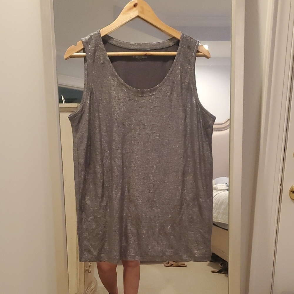 Eileen Fisher Metallic Gray Linen Sleeveless Tank Top